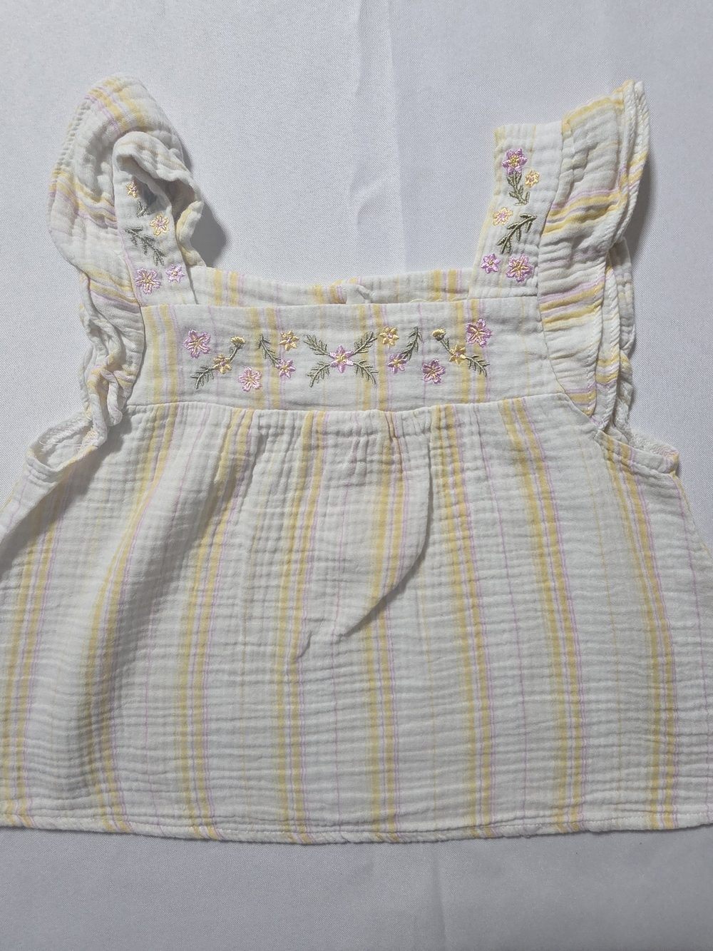 btween White Tank Top with Yellow & Pink Stripes and Floral Embroidery